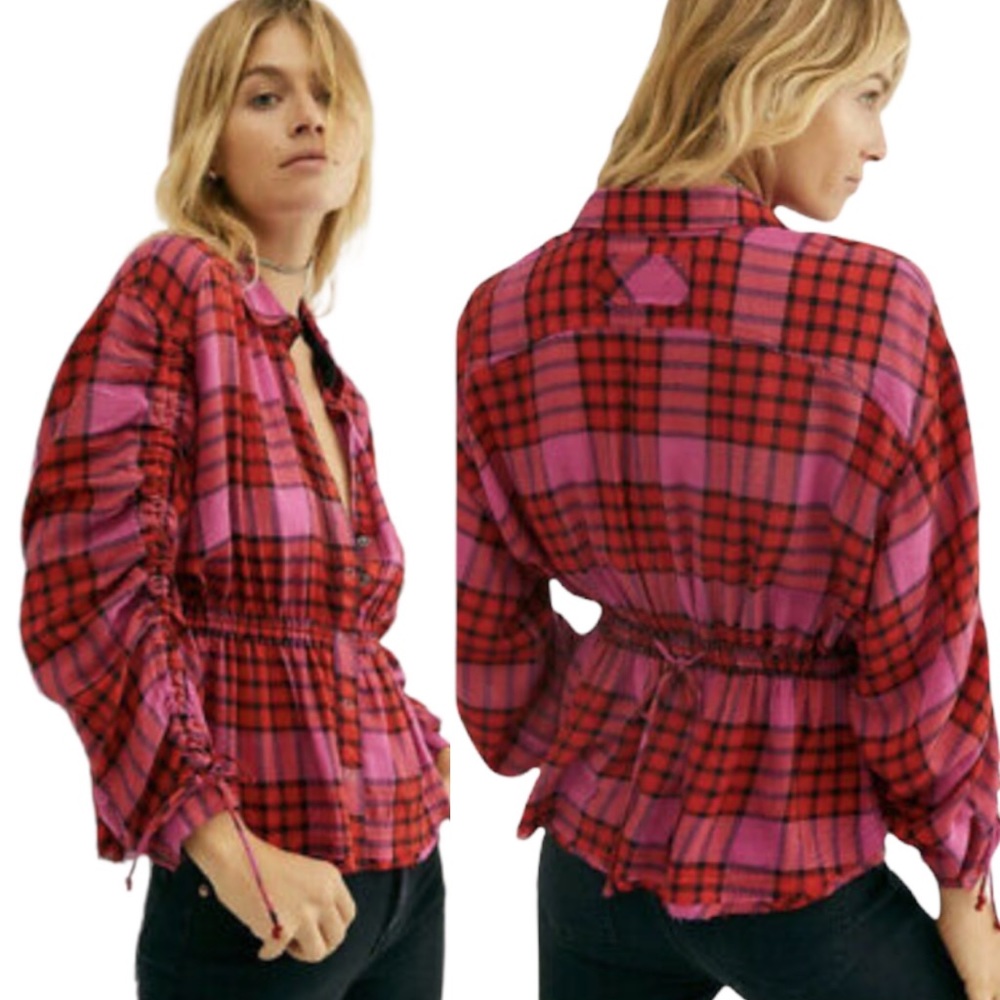 Free People Pacific Dawn Red Plaid Drawstring Waist Peplum Top Size Smal…